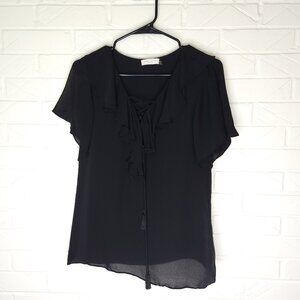 Ramy Brook Black 100% Silk Ruffle Collar Flutter Cap Sleeve Top Lace Up Front S